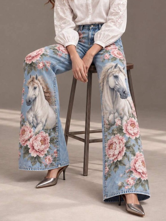 Denim - Floral Horse graphic Print Wide-Leg Women boho Jeans Light medium Blue
